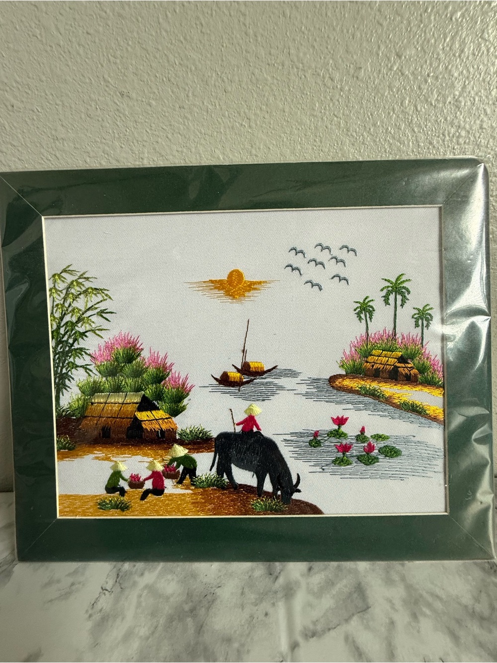 Vietnamese Hand-Embroidered Silk Landscape Village life Scene Wall Art 12x 10